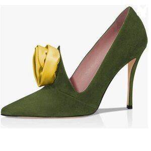 XYD Green Elegant Dress Pumps Suede Pointed Toe High Heels Rose Flower Shoes